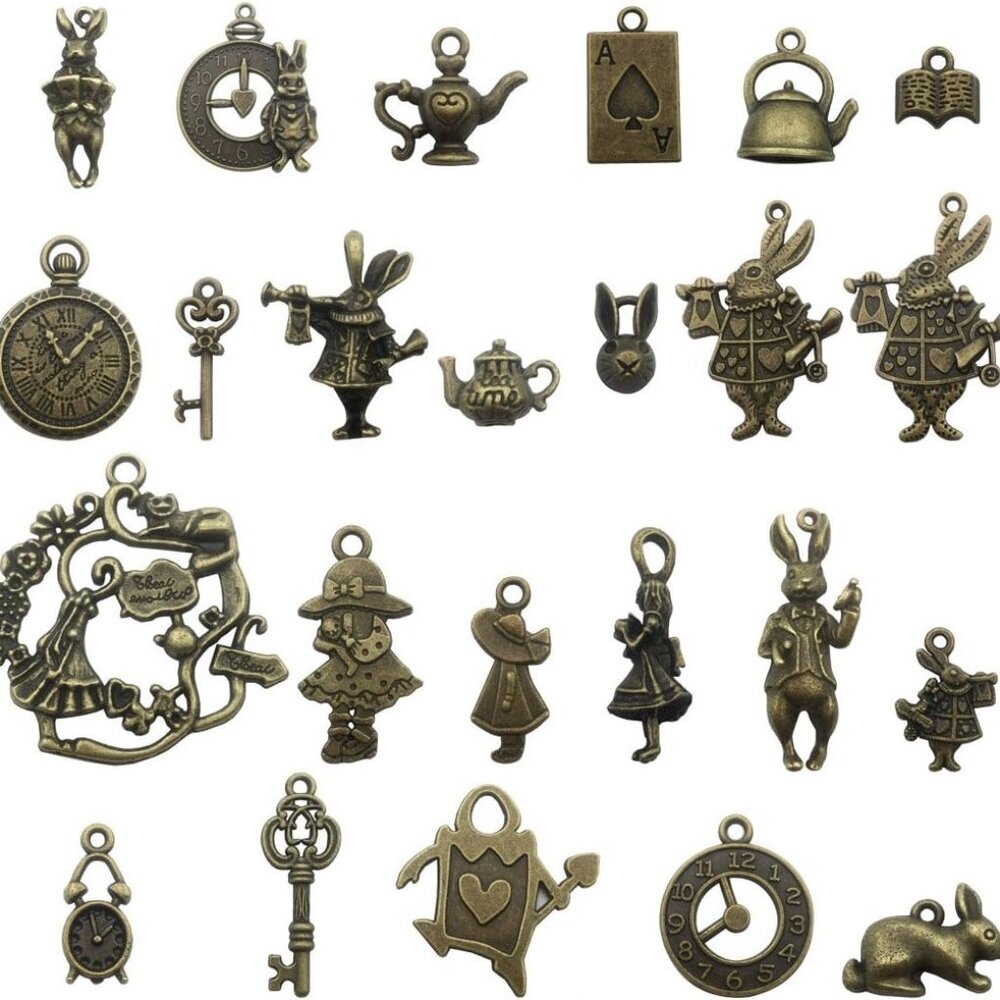 40 PCS Alice in Wonderland Fairy Charms Collection - Antique Alice Rabbit Steamp